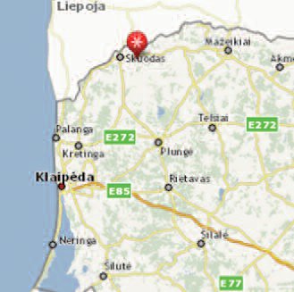 Apuolė (red marker next to Skuodas), close to the northern border of Lithuania with Latvia.