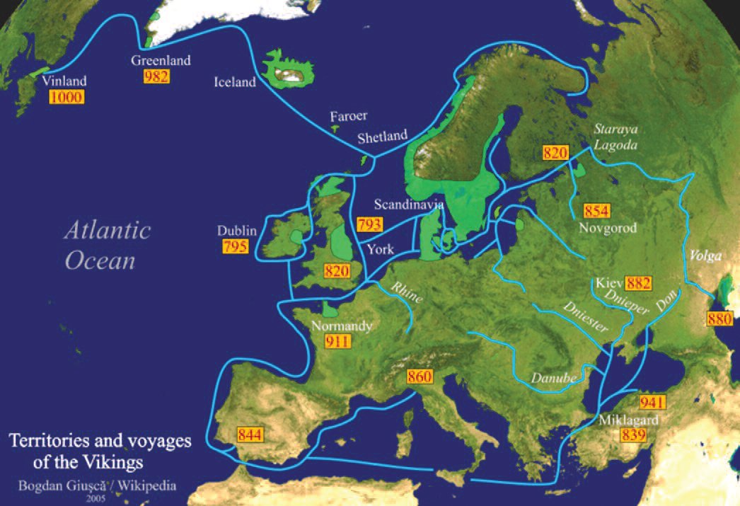 Viking trade routes. As can be seen, the two major trade routes run along rivers to the north and south of Lithuania. Source: Wikimedia commons: Vikings-Voyages.png