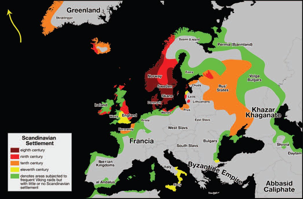 Viking settlements in the 8-11th centuries. Source: Wikipedia: Viking_Expansion.svg