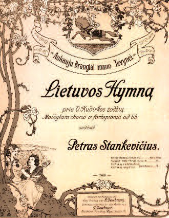 Sheet music featuring the national anthem (Lietuvos Hymnas).