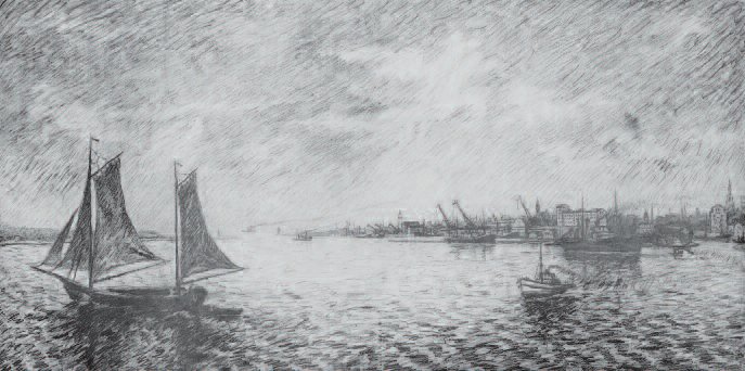 Lithuania’s Gateway to the Sea. Pencil on paper, 1936-37. Sketch for the award-winning harborscape painted for the opening of the Lithuanian Chamber of Trade and Commerce in 1938.