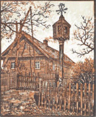 Village of Šapnagiai. Etched linoleum print, 1924-26.