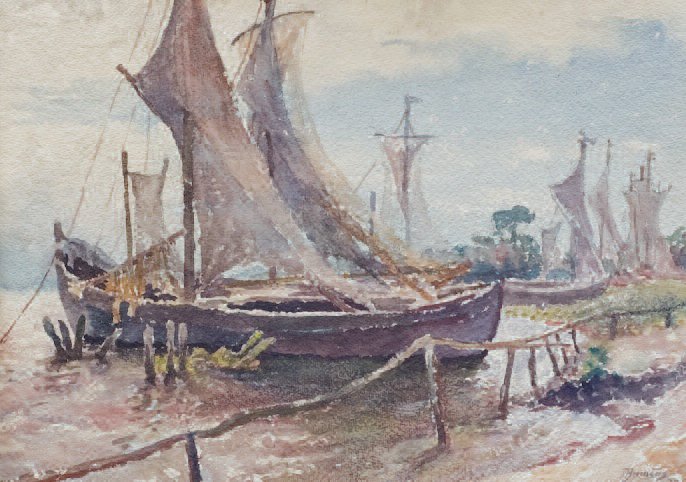 Boats by the Shore in Nida. Watercolor on paper, 1933.