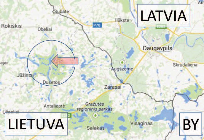 Lake Sartai (marked by the red arrow) just north of Dusetos, between Rokiškis and Zarasai, at the northeast corner of Lithuania. Screenshot from Google Maps