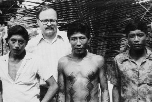 The author (R. John Rapsys) and Indians from three different tribes who came to visit Dr. Bendoraitis. From left: Paacas Novos, Oroeo, and Uraramchen. Guajara-Mirim, 1973