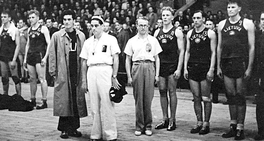 The Lithuanian team at the 1939 European Basketball Championships in Kaunas. Frank Lubin is on the far right